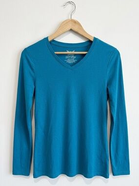 Faded Glory Girl’s Teal Blue Cotton Blend V-Neck Long Sleeve Lightweight T-Shirt